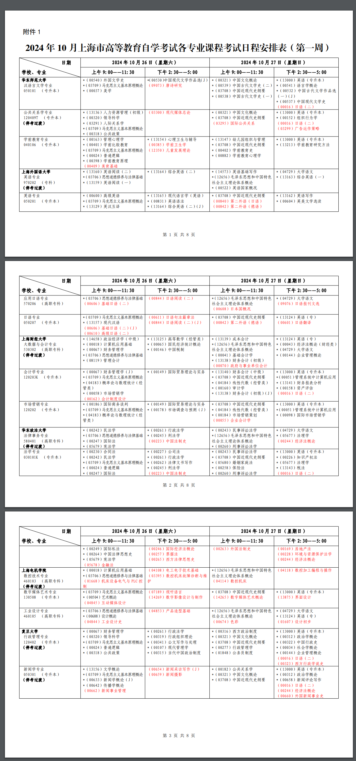 2024年10月上海市高等教育自學(xué)考試各專業(yè)課程考試日程安排表