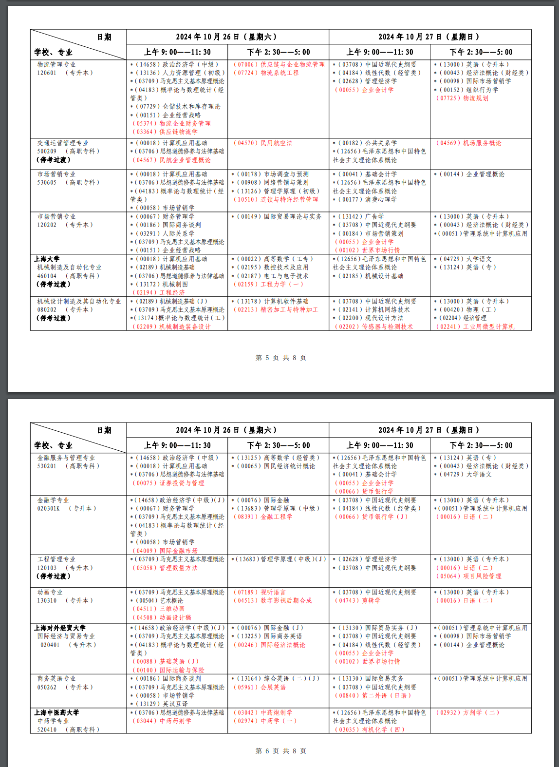 2024年10月上海市高等教育自學(xué)考試各專業(yè)課程考試日程安排表