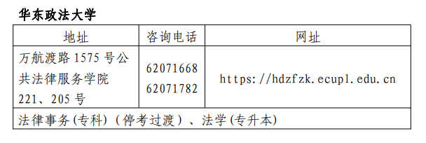 上海華東政法大學自考主考高校聯系方式及開考專業